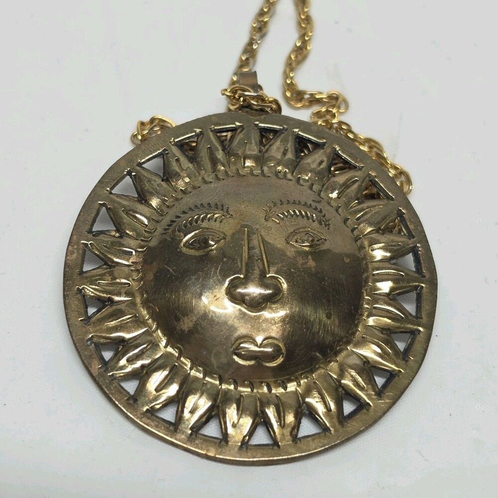 Vintage Sun Face Pendant Brushed Gold Tone Metal Jewelry Necklace Celestial Boho